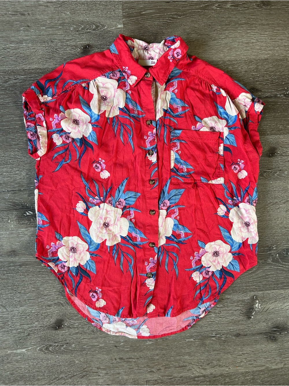 SO Small Floral Coral Short Sleeve Button Up Blouse Button Down Shirt
